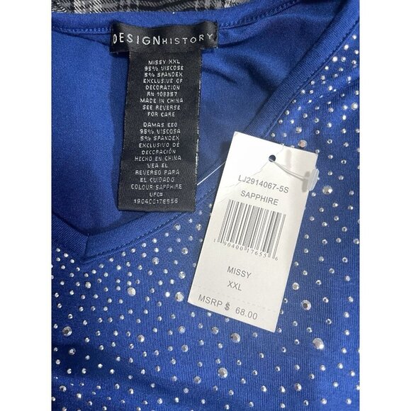 Design History XXL Blue Sapphire Studded V-Neckline 3/4 Sleeve Step-Hemline Top - Picture 7 of 7